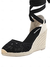 ieftine Femei-Sandale cu platformă tip espadrilă din dantelă pentru femei - pantofi de mireasă eleganți cu panglică legată pentru ceremonii pe plajă, pantofi de mireasă confortabili &amp;încălțăminte de vară pentru
