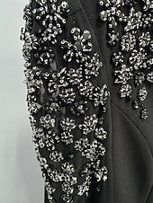 abordables Vestidos de noche de cintura imperio-Vestido de gala formal de longitud completa tipo tubo/columna vestido de gala elegante vintage vestido negro con mangas largas cuello redondo fiesta de gala boda con cristales y pedrería