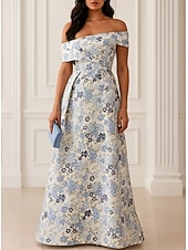  A-Line Floor Length Evening Gown Elegant Vintage Short Sleeve Off Shoulder Wedding Formal Jacquard with Floral Print Pocket