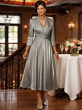baratos Conjuntos de vestidos para mamãe-Duas Peças Linha A Longuette Vestido de convidada de casamento Vestido Para Mãe dos Noivos Manga 3/4 Decote Quadrado Elegante Vintage Tamanhos Grandes Convidado do casamento Vestidos de jaqueta com
