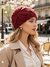 cheap Women's Hats-Women's Red Crochet Flower Bud Hat – Soft and Cozy Knitted Beanie for Winter, Stylish and Warm Accessory for Casual and Outdoor Activities