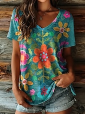 ieftine tricou floral-Pentru femei Tricou Imprimeu Floral Grafic Epocă Stilat Casual Manșon scurt În V Topuri obișnuite Zilnic Albastru piscină Roz Îmbujorat Mov Vară Primăvară
