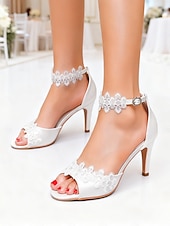 economico sposa-scarpe da sposa con tacco aperto e cinturino alla caviglia, eleganti sandali da sposa con tacco medio per la sposa, romantiche scarpe da cerimonia in pizzo floreale
