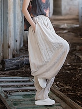 cheap Premium Linen Collection-Women's Cotton Linen Pants Chinos Summer Shorts Bloomers Vacation Streetwear Basic Full Length Medium Waist Plain Pocket Elastic Waistband Comfy Comfort Inelastic Daily Outdoor Vacation rice white