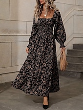 voordelige Bloemenjurken-Dames Maxi-jurk A lijn jurk Casual Dagelijks Normale pasvorm Bloemig Grafisch Lange mouw Vierkante hals Zwart Blozend Roze Lente Herfst
