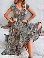 levne Dovolená Boho šaty-Dámské Maxi šaty Volnočasové šaty Swingové šaty Áčkové šaty Boho šaty Čechy Geleneksel Na běžné nošení Denní Běžný Kašmírový vzor Krátký rukáv Do V Vodní modrá Léto Jaro