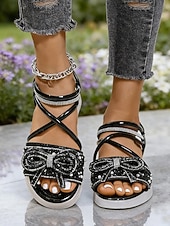 voordelige Vrouwen-Zwarte platte sandalen met enkelbandje en strasssteentjes voor dames - sprankelende, met juwelen versierde sandalen met open neus, stijlvolle en comfortabele sandalen voor elke dag.