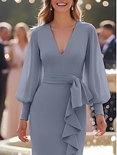  A-Line Sheath Column Sweep Brush Train Wedding Guest Dress Chiffon Dress Formal Dresses Mother of the Bride Dress Long Sleeve V Neck Elegant Vintage Simple Formal Chiffon with Sash / Ribbon Ruffles