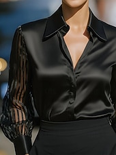 abordables Blusas Elegantes-Mujer Camisa Elegant Top de satén Blusa Frunce Encaje Retazos Color sólido Plano Elegante Vintage Diario Manga Larga Cuello Camisero Tops regulares Diario Trabajo Festivos Negro Blanco Rojo Azul Real