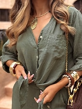 billige Blusedresser for kvinner-Dame Buksesett Bolero topp Langermet Skjortekrage Helfarge Mote Gatemote Avslappet Daglig utendørs Hvit Mørkegrønn Brun Sommer Løstsittende