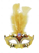 economico Accessori-Maschera in maschera veneziana rossa con piume per donne - elegante accessorio da costume intagliato al laser per il festival di Venezia Mardi Gras cosplay e feste in maschera