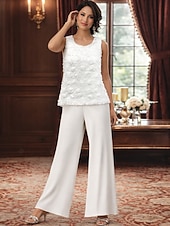 abordables Trajes de pantalón de mamá-Traje de pantalón Traje de 3 piezas Hasta el Suelo Vestido de Madrina Sin Mangas Barco de cuello Elegante Talla Grande Bolero incluido Formal Invitado a la boda Gasa con Encaje