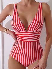 Недорогие Монокини-Женский купальник из одного куска утягивающий цветной блок монокини контроль живота высокая талия узкий спина без бретелек пляжная одежда полосатый V-образный вырез без рукавов