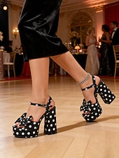 abordables Sandalias de Plataforma-Sandalias de plataforma con lunares negros para mujer: sandalias de tacón alto grueso con tiras en el tobillo y punta abierta con lazo retro para fiestas nocturnas y clubes. &amp;eventos nocturnos