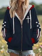 tanie Sztuka i design topy-Damskie Bluzy rozpinane Zamek Kieszeń Nadruk Graficzny Kratka Moda Zachodni Codzienny Długi rękaw Kaptur Zwykłe topy Codzienny Ulica Na co dzień Ciemnoniebieski Wiosna Jesień