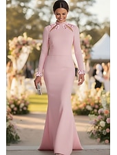 baratos Comprimento do chão-Vestido de Convidada de Casamento Sereia Trompete Cauda de Varredura Vestidos Formais Vestido de Festas Vestido da Mãe da Noiva Manga Longa Gola Alta Elegante Formal com Beading Lantejoulas