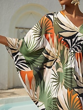 お買い得  プリントカジュアルドレス-バケーション トロピカル ボタニカル プリント ドルマンスリーブ サテン マキシドレス