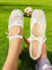 abordables Invitado a la boda-Elegantes bailarinas de encaje con punta cuadrada y lazo para mujer: perfectas para invitadas a bodas al aire libre y en el jardín, diseño cómodo y apto para césped.