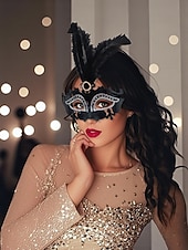 economico Accessori-Maschera in maschera veneziana rossa con piume per donne - elegante accessorio da costume intagliato al laser per il festival di Venezia Mardi Gras cosplay e feste in maschera