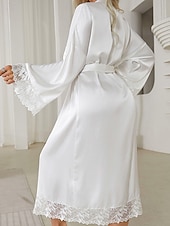 abordables Combinaisons pour femmes-Femmes Robe Occasionnel Doux Satin Couleur Unie Dentelle Quotidien Maison Lit manche longue Col en V Noir Blanche Été Coupe régulière