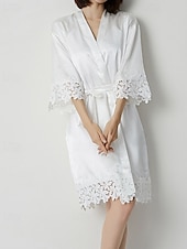 cheap Women's Onesies-Women's Robe Casual Soft Satin Pure Color Lace Daily Home Bed Half Sleeve V Neck White Champagne Pink Wine Summer Loose Fit