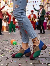 billige Damesko-Flerfargede oxfordsko med blokkhæl til dame – retro pumps med snøring i fargeblokker for karnevalskostymer, klovner og funky hverdagsklær
