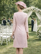 olcso Anya ruha szettek-Kétrészes Szűk szabású Térdig érő Esküvői vendég ruha Örömanya ruha Ujjatlan Kanálnyak Elegáns Molett Esküvői vendég Templom Szatén Csipke Stólával Kabát ruhák val vel Rátétek