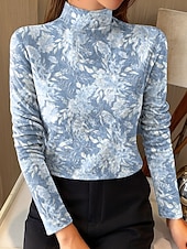 cheap Floral tee-Women's Tunic Tee Print Floral Graphic Elegant Vintage Fashion Long Sleeve High Neck Crop Tops Daily Going out Weekend Yellow Navy Blue Light Blue Spring