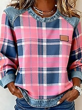 voordelige Strepen en Geometrische Hoodies-Dames Blouse Lapwerk Ruitjes Kleurenblok Elegant Vintage Stijlvol Lange mouw Strakke ronde hals Normale tops Dagelijks Feestdagen Uitgaan blauw Zwart Groen Rood / blauw Rose Roze Lente Herfst Winter