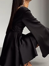 halpa Yksinkertainen mekko-Naisten Mini mekko Satiini mekko Tanssiaispuku Juhlamekko Coctail-asu Muoti Moderni Iltajuhlat Juhla Cocktailjuhla Normaali Tavallinen Pitkähihainen V kaula-aukko Musta Ruskea Apila Harmaa Kevät Syksy