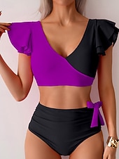 Χαμηλού Κόστους Σετ μπικίνι-Γυναικεία Μαγιό 2 κομμάτι Προκλητικό Μαγιό Σουρωτά Κουρελού Εξώπλατο Διακοπές Ρούχα παραλίας Συνδυασμός Χρωμάτων Λαιμόκοψη V Αμάνικο Μαγιό