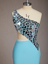 cheap Long Dresses &amp; Gowns-Sheath Column Sweep Brush Train Asymmetrical Prom Dress Beaded Eembroidered Party Dress Wedding Guest Dresses Party Glittering Sleeveless One Shoulder Prom Wedding with Sequin