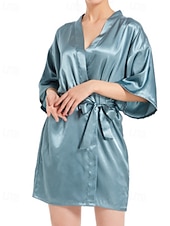 baratos Tops e partes de baixo de dormir para mulher-Women's Robe Casual Soft Satin Pure Color Daily Home Bed Short Sleeve V Neck Black White Light Green Pink Navy Blue Summer Regular Fit