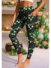 cheap Yoga Leggings &amp; Tights-St. Patrick Women's pilates leggings fitness pants Gym Leggings Pockets Stamp Duty Side Pockets Pilates Gym Gym Workout Tights Leggings Bottoms Trees / Leaves Clover Green and Black Dark Green Sports