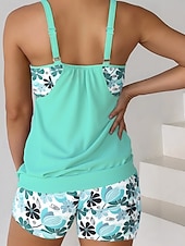 お買い得  タンキニ-女性用 スイムウェア 2ピース ショーツ 水着 バックレス 旅行度假风 ビーチウェア フラワー Ｕネック ノースリーブ 水着