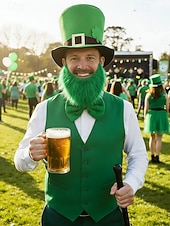 お買い得  アクセサリー-男性用聖パトリックの日のレプラコーンコスチュームアクセサリーセット、ポリエステル素材、バックル付きグリーンのトップハット、偽のひげ、蝶ネクタイとネクタイセット、パーティーや休日のお祝い