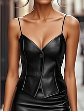 Χαμηλού Κόστους Απλή δεξαμενή-Γυναικεία Αμάνικη Μπλούζα Καμισόλ Tank Top Κουμπιά Συμπαγές Χρώμα Βίντατζ Καθημερινά Στυλάτο Αμάνικο Λαιμόκοψη V Κανονικά μπλουζάκια Καθημερινά Αργίες Ρούχα παραλίας Μαύρο Καλοκαίρι Άνοιξη