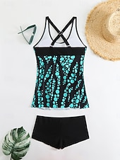 cheap Tankinis-Women's Tankini 2 Piece Swimsuit Palm Boy Leg Tummy Control High Waist Slim Backless Vacation Beach Wear Floral Sunflower V Neck Sleeveless Bathing Suits