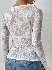 baratos Tops de Renda-Mulheres Blusa Tops de renda Renda Tecido à moda Sensual Manga Longa Decote V Tops regulares Diário Feriado Para Noite Preto Branco Vinho Azul Marinha Verde Esmeralda Outono Inverno