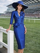 preiswerte Teelänge-Schlauchkleid Knielang Partykleid Cocktailkleid Kleid für Hochzeitsgäste Brautmutterkleid Dreiviertelarm V Ausschnitt Elegant Blumen Formell Hochzeitsgast Satin mit Gerafft Schulterblume