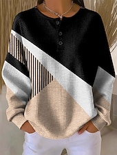 economico Felpe a Strisce e Geometriche-Per donna Felpe con cappuccio Bottoni Grafico Geometrico Blocco di colori Moda Casual Stampa Manica Lunga Girocollo Top Regolari Casuale Streetwear Blu Viola Verde Kaki Autunno Inverno