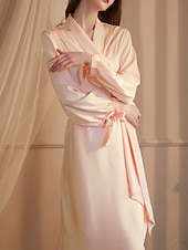 levne Dámské dupačky-Dámské Župan Na běžné nošení Měkké Satén Čistá barva Nabírané šaty Šněrování Denní Domů Postel Dlouhý rukáv Do V Černá Bílá Šampaňská Světlá růžová Fialová Léto Jaro Běžný