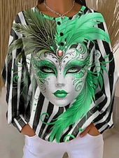 cheap Women's Carnival-Carnival Women's Pullover Sweatshirt Graphic Striped Abstract Warm Classic Casual Long Sleeve Crew Neck Regular Tops Casual Street Dailywear Buttons Print Blue Yellow Pink Purple Green Spring