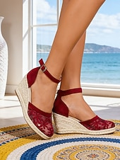 ieftine Espadrile-Sandale tip espadrilă cu platformă pentru femei, din dantelă – plasă florală respirabilă, stil elegant de vară, design confortabil cu bareta la gleznă pentru vacanțe la plajă, ieșiri casual &amp;purtare