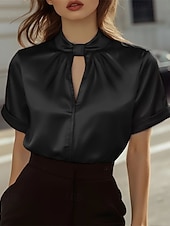 preiswerte Schicke Blusen-Damen Hemd Elegant Satin-Top Bluse Gerafft Patchwork Drapiert Einfarbig Einfach Elegant Vintage Täglich Kurzarm Hoher Ausschnitt Normale Oberteile Täglich Arbeit Ferien Schwarz Rote Grün Beige