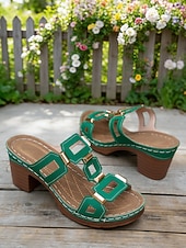 olcso Kényelmes szandálok-Női zöld blokk sarkú, hétköznapi szandál, tartást adó, párnázott talpbetéttel, stabil középsarkú kialakítással mindennapi viseletre, városi sétákra, utazásra és társasági eseményekre.