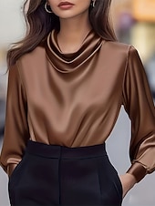 economico Bluse Eleganti-Per donna Camicia Elegant Top in raso Blusa Arricciato Patchwork Drappeggiato Tinta unica Semplice Elegante Vintage Signore Manica Lunga Scollo a Cascata Top Regolari Quotidiano Lavoro Ferie Marrone