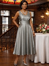 baratos Conjuntos de vestidos para mamãe-Duas Peças Linha A Longuette Vestido de convidada de casamento Vestido Para Mãe dos Noivos Manga 3/4 Decote Quadrado Elegante Vintage Tamanhos Grandes Convidado do casamento Vestidos de jaqueta com