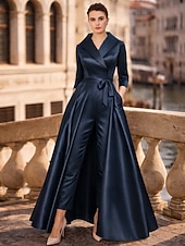 cheap Mom's Jumpsuits-Jumpsuit Pantsuit Ankle Length Mother of the Bride Dress 3/4 Length Sleeve Shirt Collar Elegant Party Simple Formal Wedding Guest Satin with Bow(s)