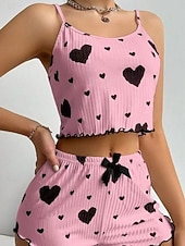 economico Pigiami e Lounge San Valentino-Per donna Set Pigiama Casual Comfort Cuore Elastico in vita Shorts Quotidiano Casa Senza Maniche Girocollo Blu Nero Rosa Rosso Estate Primavera Vestibilità regolare